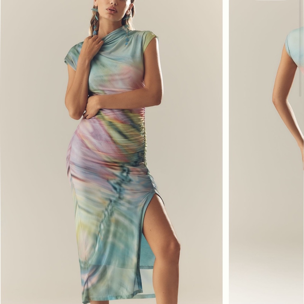 Anthropologie Maya Ruched Cowl Neck Multicolor Tie-Dye Mesh Maxi Dress